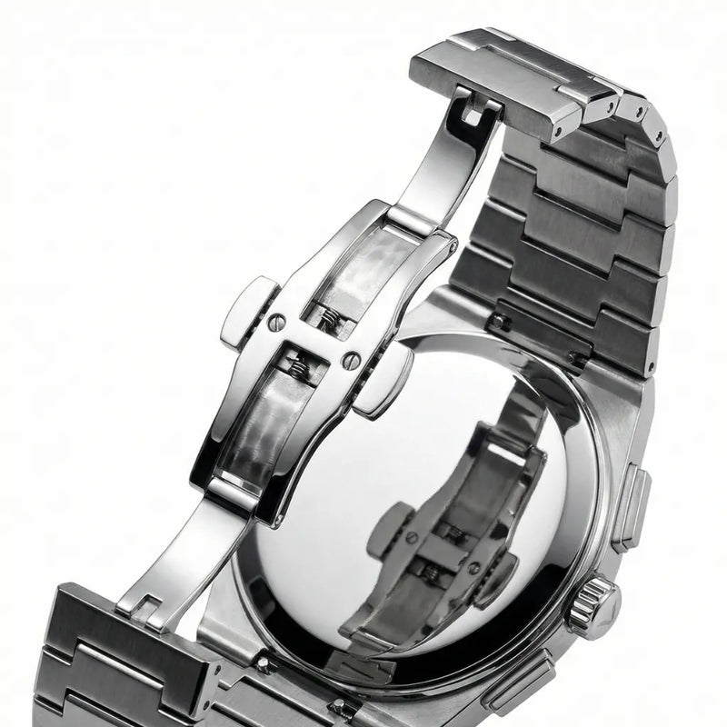 Pulseira em aço inoxidável 316L maciço com fecho oculto push button - relógio de pulso masculino robusto